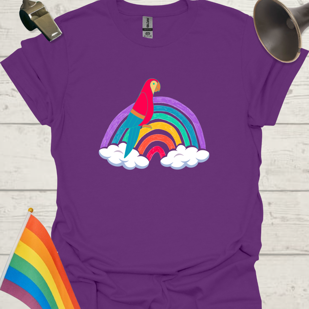 Unisex Pride T-Shirt - LGBT Pride Parrot on a Rainbow with Clouds Design