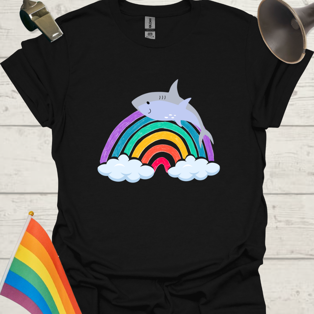 Unisex Pride T-Shirt - LGBT Pride Shark on a Rainbow with Clouds Design