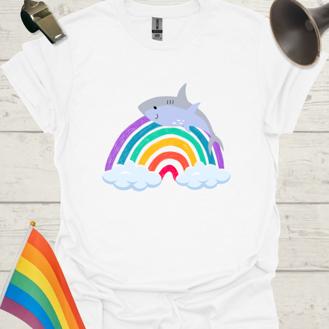 Unisex Pride T-Shirt - LGBT Pride Shark on a Rainbow with Clouds Design