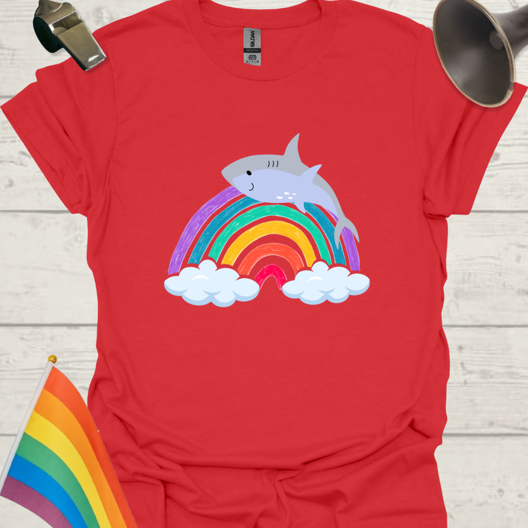 Unisex Pride T-Shirt - LGBT Pride Shark on a Rainbow with Clouds Design