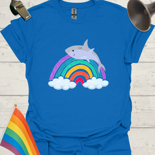 Unisex Pride T-Shirt - LGBT Pride Shark on a Rainbow with Clouds Design