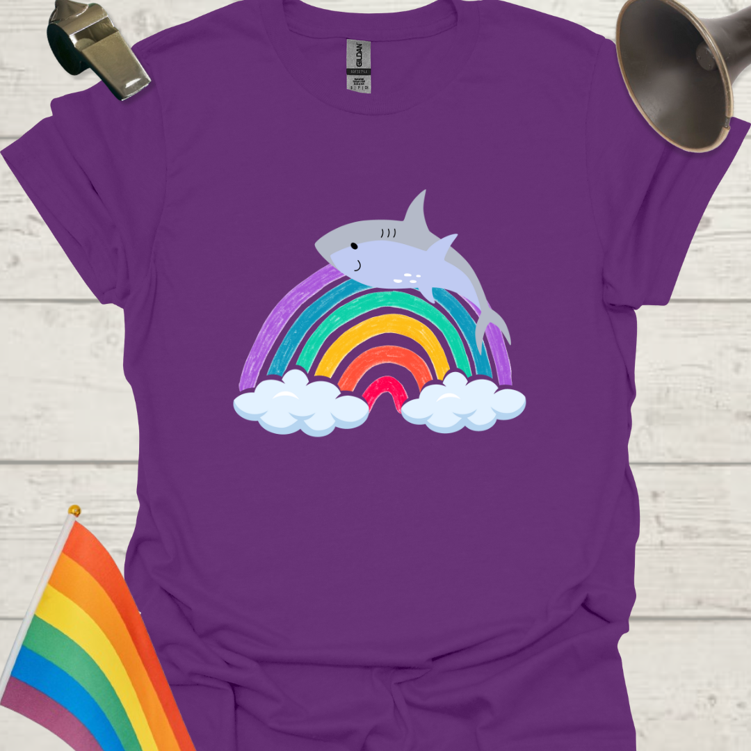 Unisex Pride T-Shirt - LGBT Pride Shark on a Rainbow with Clouds Design