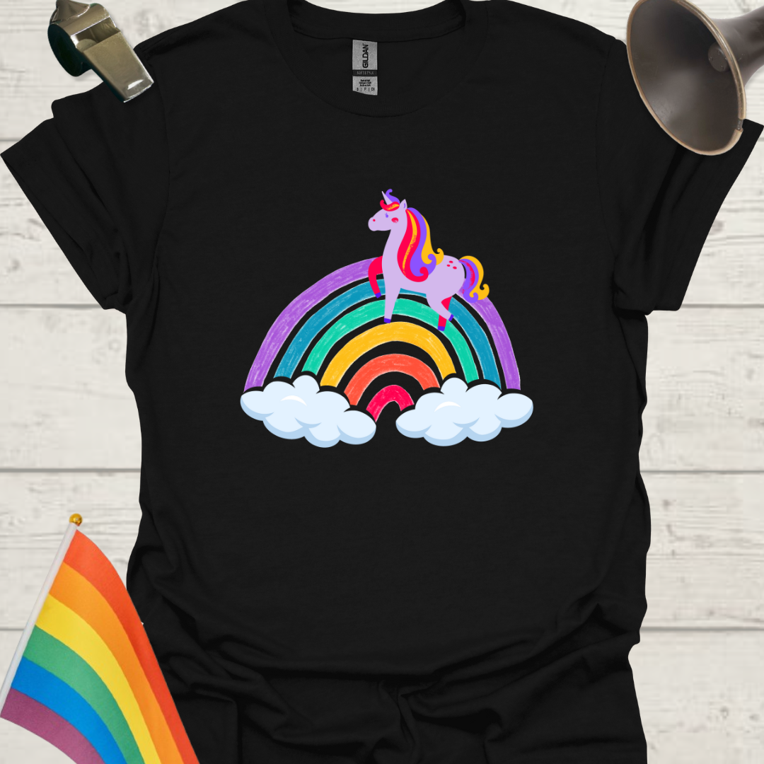 Unisex Pride T-Shirt - LGBT Pride Unicorn on a Rainbow with Clouds Design