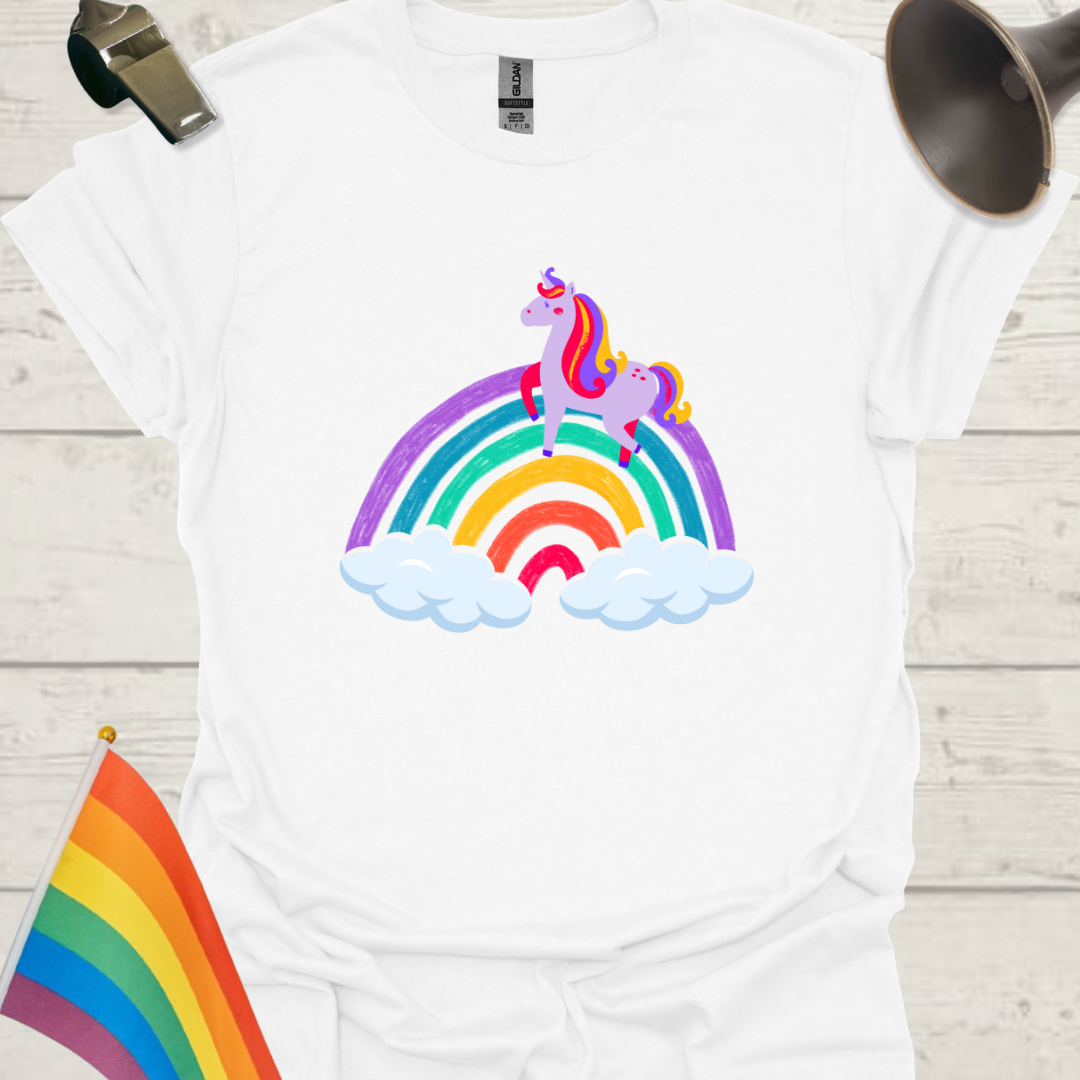 Unisex Pride T-Shirt - LGBT Pride Unicorn on a Rainbow with Clouds Design