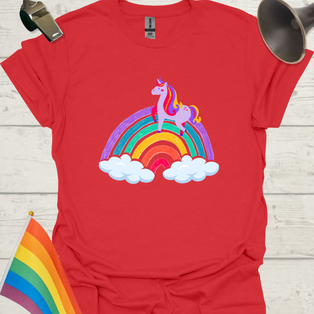 Unisex Pride T-Shirt - LGBT Pride Unicorn on a Rainbow with Clouds Design
