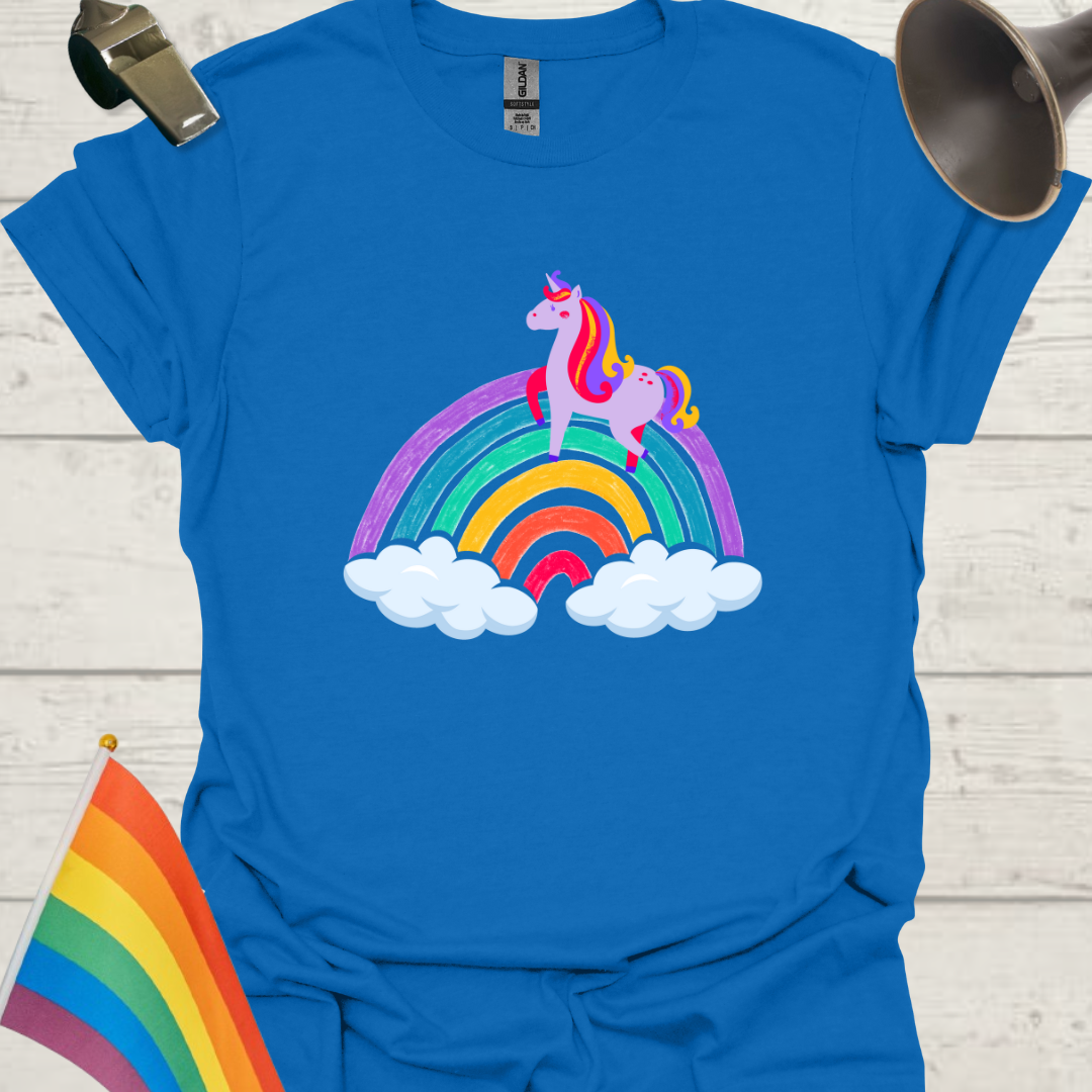 Unisex Pride T-Shirt - LGBT Pride Unicorn on a Rainbow with Clouds Design