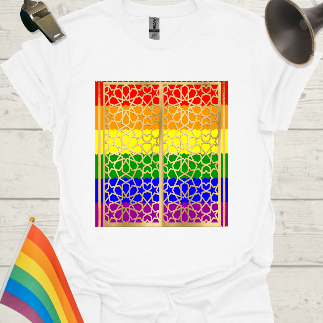 Unisex Pride T-Shirt - LGBT Pride Flag Ripples, Golden Grid Ornaments Pattern Design