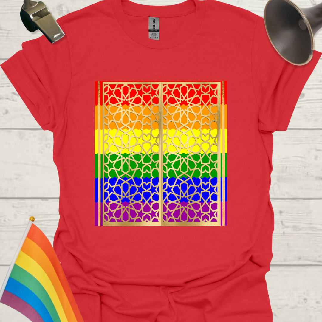 Unisex Pride T-Shirt - LGBT Pride Flag Ripples, Golden Grid Ornaments Pattern Design