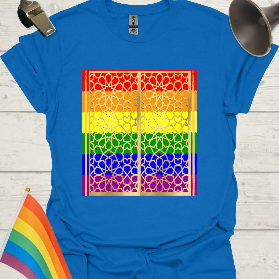 Unisex Pride T-Shirt - LGBT Pride Flag Ripples, Golden Grid Ornaments Pattern Design