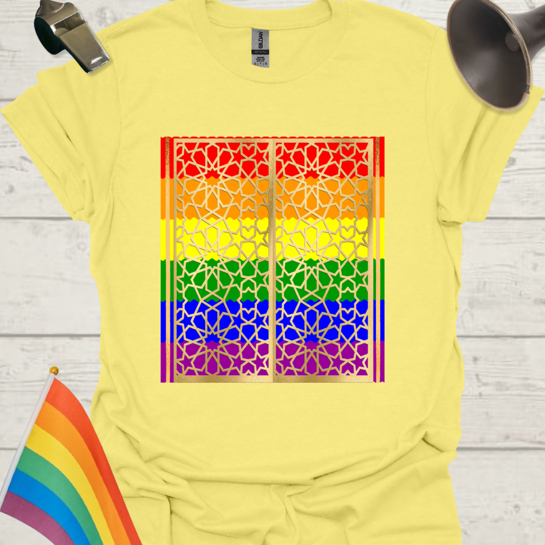 Unisex Pride T-Shirt - LGBT Pride Flag Ripples, Golden Grid Ornaments Pattern Design