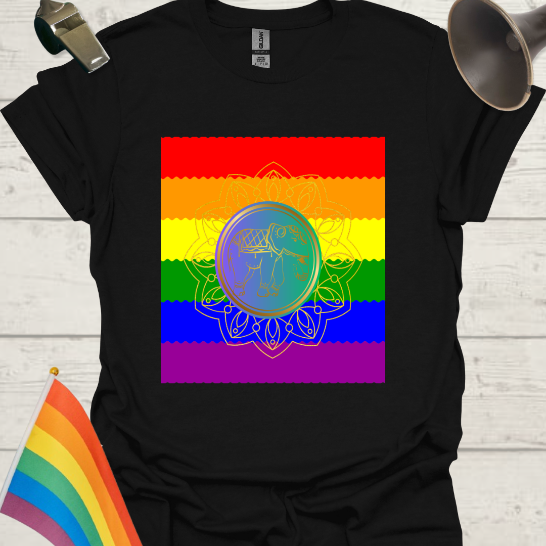 Unisex Pride T-Shirt - LGBT Pride Flag Ripples, Blue Golden Mandala Elephant Pattern Design