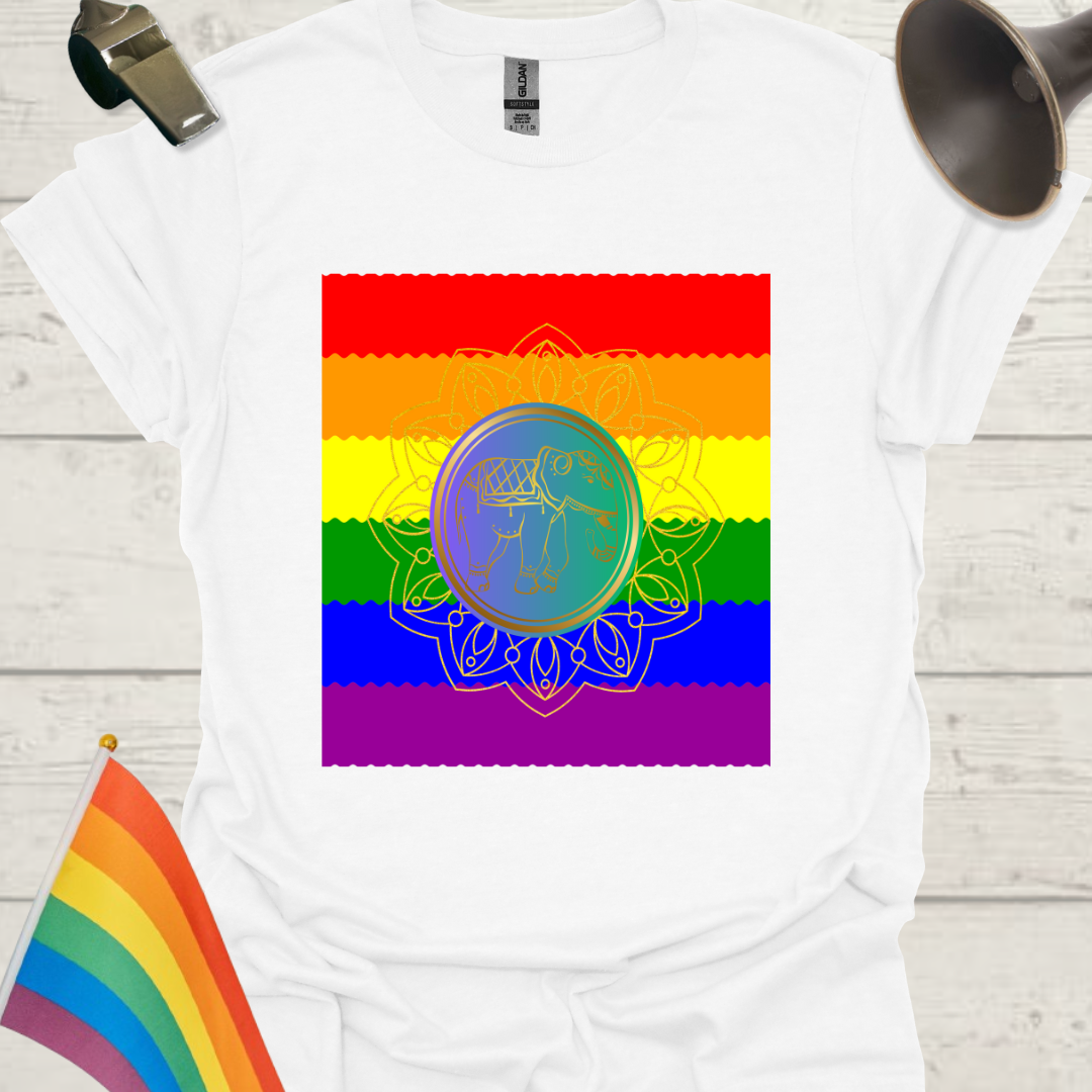 Unisex Pride T-Shirt - LGBT Pride Flag Ripples, Blue Golden Mandala Elephant Pattern Design