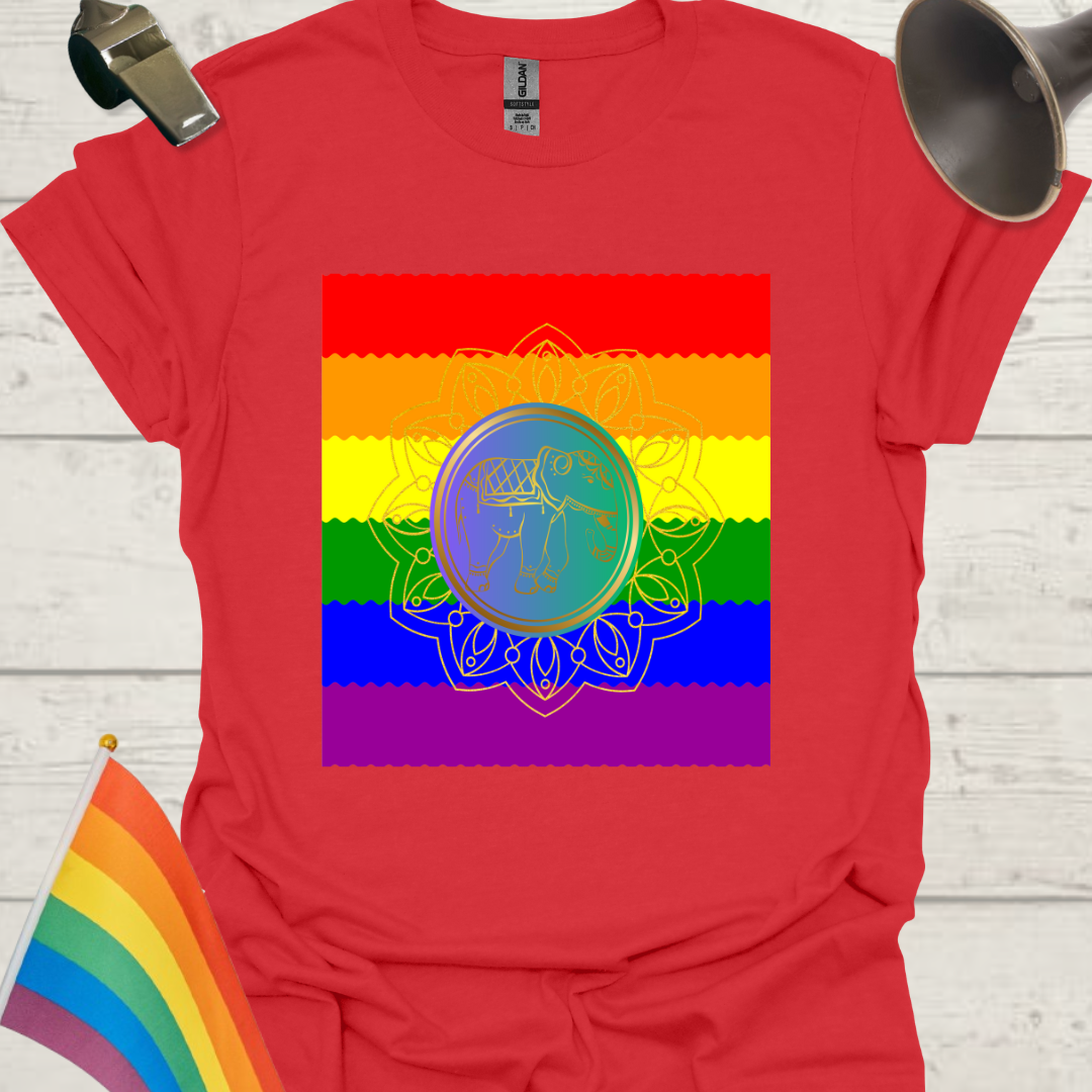 Unisex Pride T-Shirt - LGBT Pride Flag Ripples, Blue Golden Mandala Elephant Pattern Design