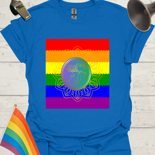 Unisex Pride T-Shirt - LGBT Pride Flag Ripples, Blue Golden Mandala Elephant Pattern Design