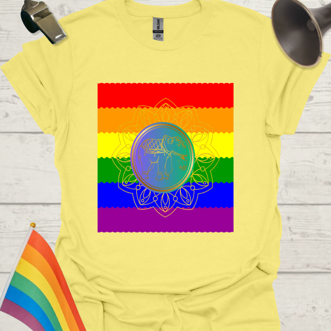 Unisex Pride T-Shirt - LGBT Pride Flag Ripples, Blue Golden Mandala Elephant Pattern Design