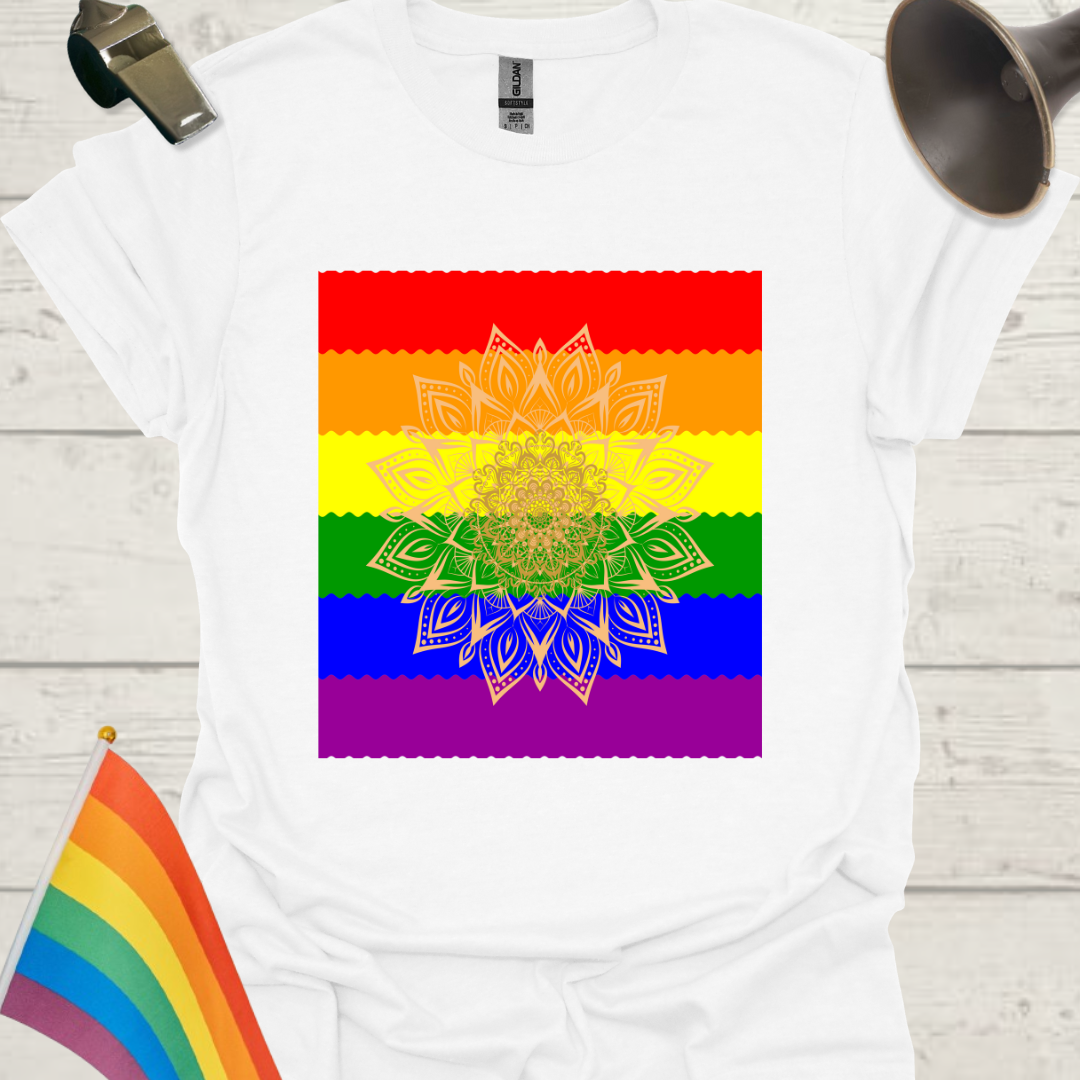 Unisex Pride T-Shirt - LGBT Pride Flag Ripples, Mandala Flower Pattern Design