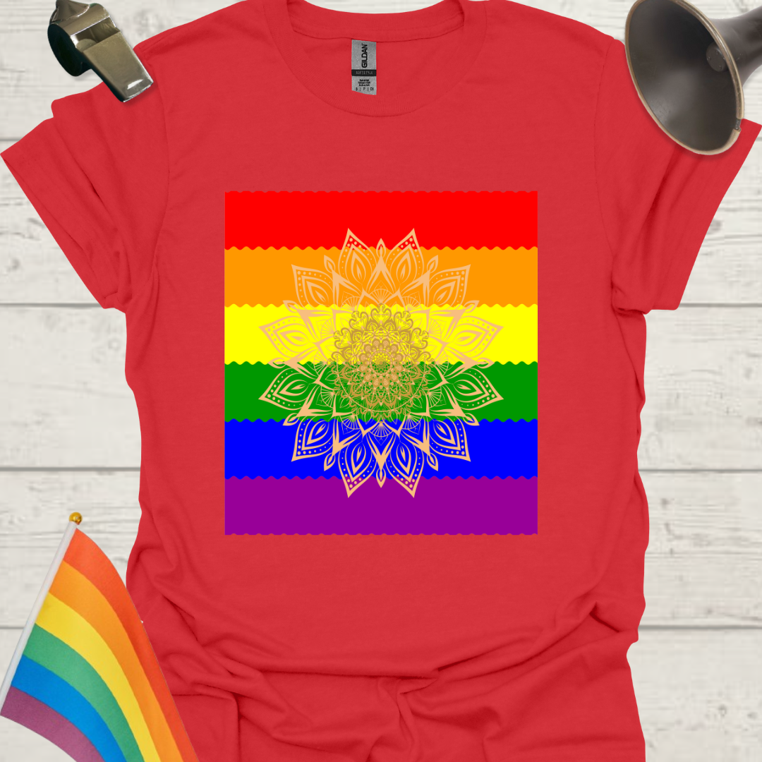 Unisex Pride T-Shirt - LGBT Pride Flag Ripples, Mandala Flower Pattern Design