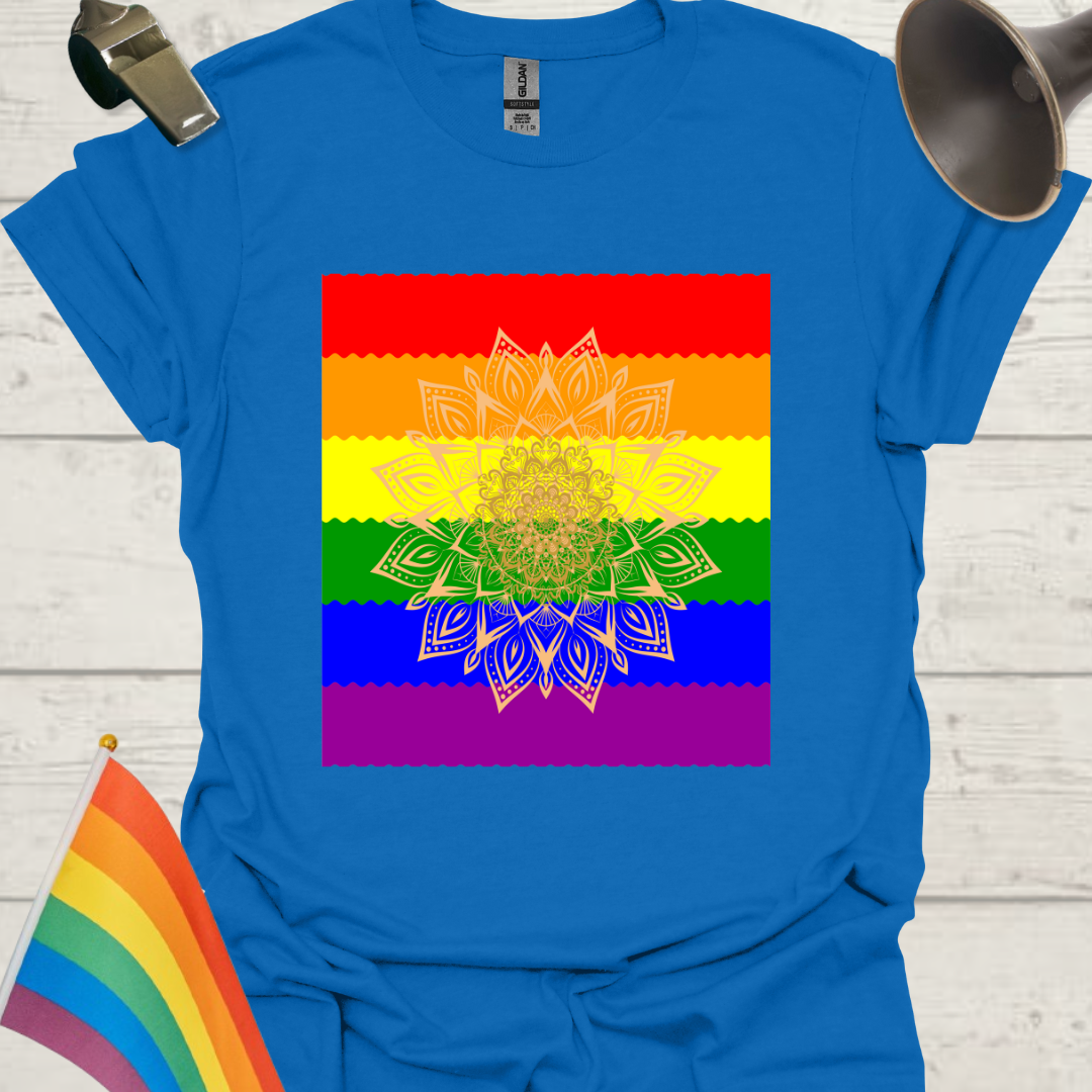 Unisex Pride T-Shirt - LGBT Pride Flag Ripples, Mandala Flower Pattern Design