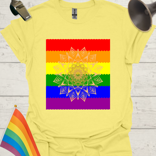 Unisex Pride T-Shirt - LGBT Pride Flag Ripples, Mandala Flower Pattern Design