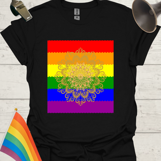 Unisex Pride T-Shirt - LGBT Pride Flag Ripples, Mandala Pattern Design