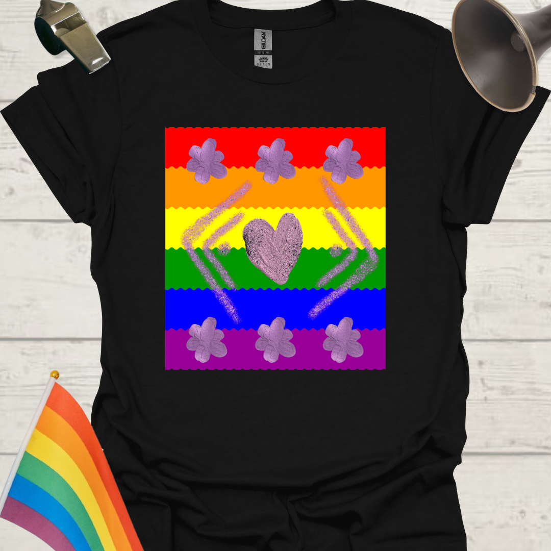 Unisex Pride T-Shirt - LGBT Pride Flag Ripples, Purple Glitter Heart and Flowers Pattern Design