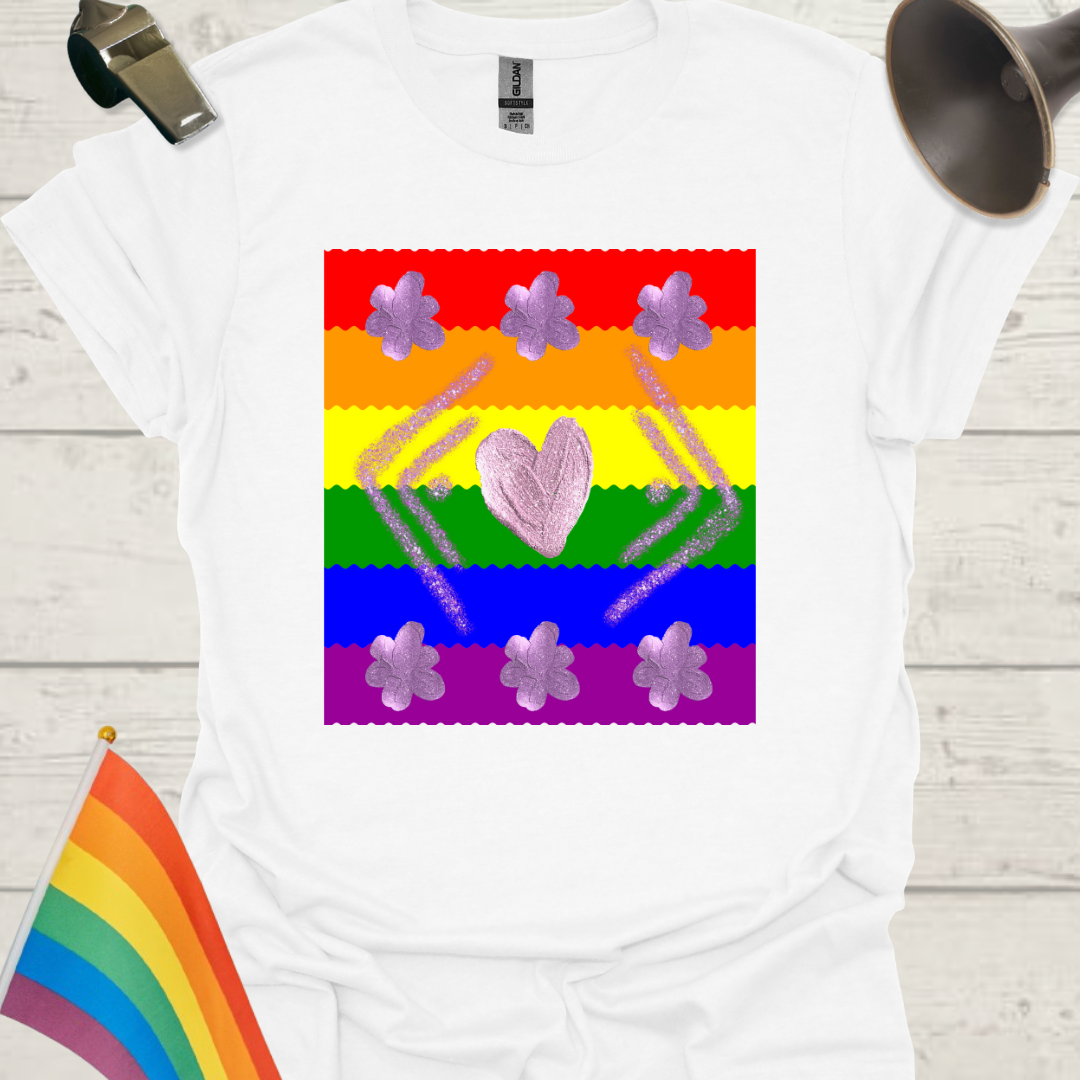 Unisex Pride T-Shirt - LGBT Pride Flag Ripples, Purple Glitter Heart and Flowers Pattern Design