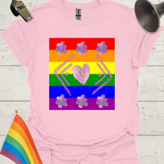 Unisex Pride T-Shirt - LGBT Pride Flag Ripples, Purple Glitter Heart and Flowers Pattern Design