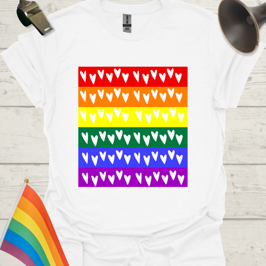 Unisex Pride T-Shirt - LGBT Pride Flag White Hearts Pattern Design