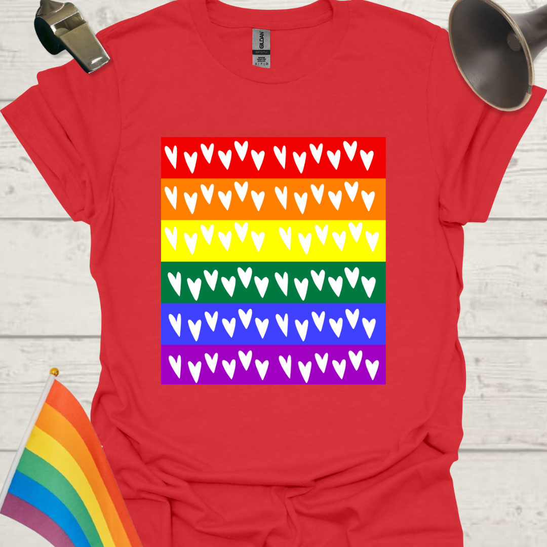 Unisex Pride T-Shirt - LGBT Pride Flag White Hearts Pattern Design