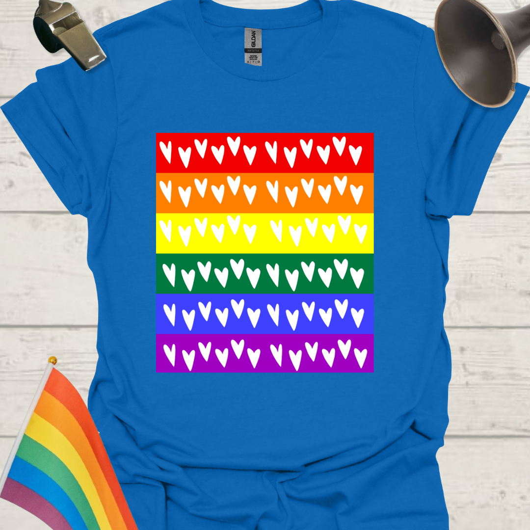 Unisex Pride T-Shirt - LGBT Pride Flag White Hearts Pattern Design