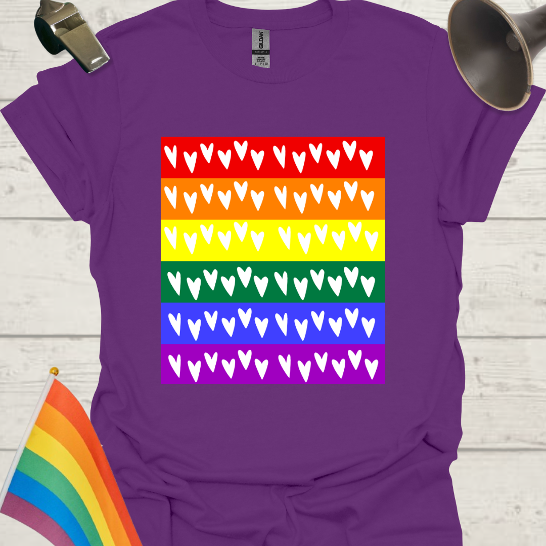 Unisex Pride T-Shirt - LGBT Pride Flag White Hearts Pattern Design
