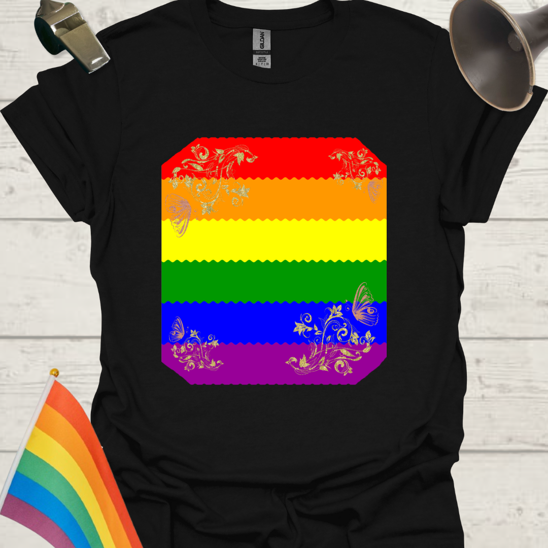 Unisex Pride T-Shirt - LGBT Pride Flag Ripples, Floral, Butterflies Pattern Design