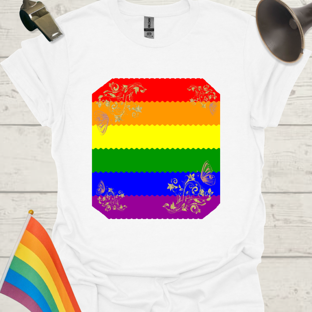 Unisex Pride T-Shirt - LGBT Pride Flag Ripples, Floral, Butterflies Pattern Design