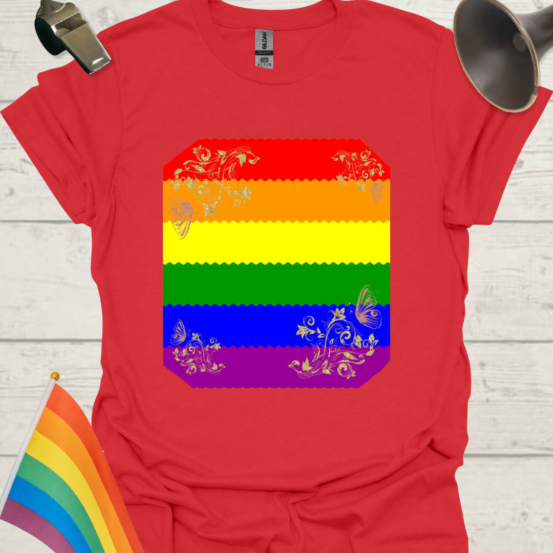 Unisex Pride T-Shirt - LGBT Pride Flag Ripples, Floral, Butterflies Pattern Design
