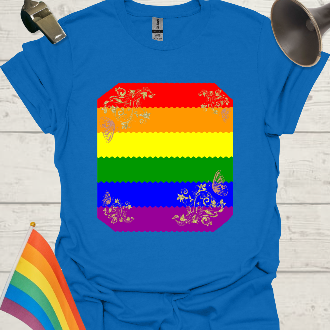 Unisex Pride T-Shirt - LGBT Pride Flag Ripples, Floral, Butterflies Pattern Design