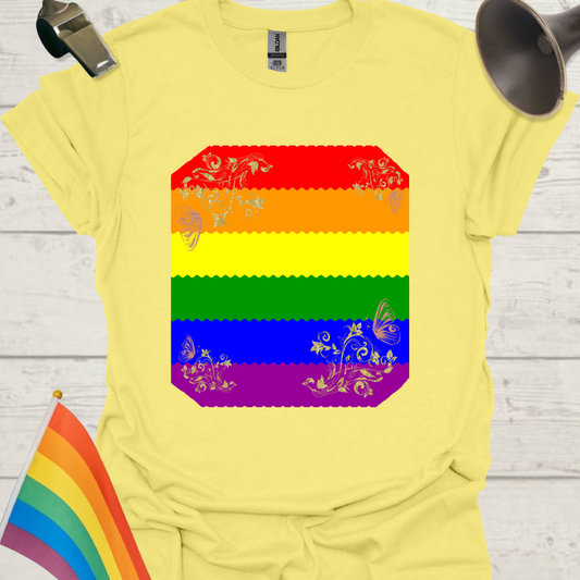 Unisex Pride T-Shirt - LGBT Pride Flag Ripples, Floral, Butterflies Pattern Design