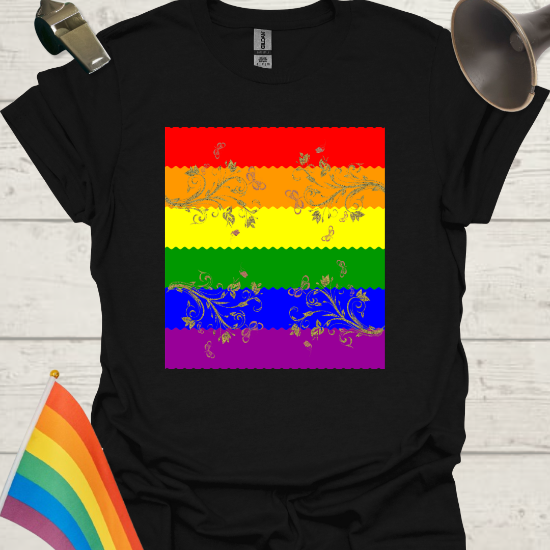 Unisex Pride T-Shirt - LGBT Pride Flag Ripples, Golden Flowers, Butterflies Ornaments Design