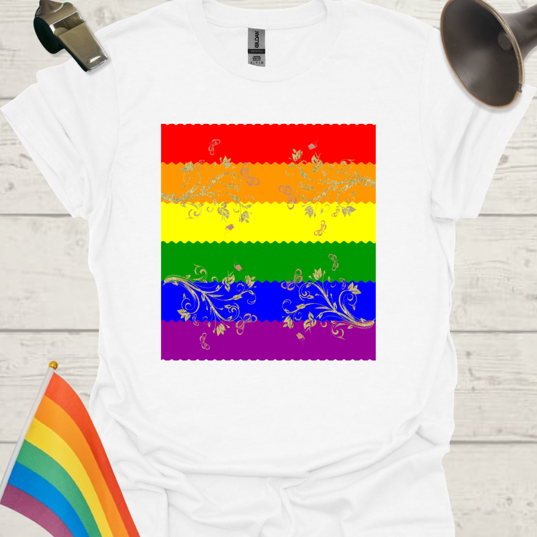 Unisex Pride T-Shirt - LGBT Pride Flag Ripples, Golden Flowers, Butterflies Ornaments Design