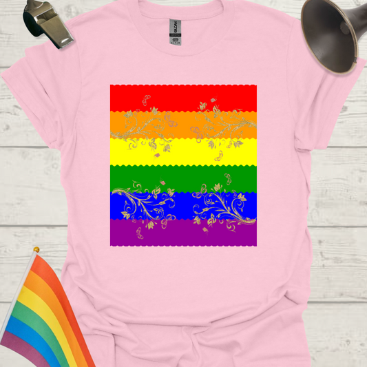 Unisex Pride T-Shirt - LGBT Pride Flag Ripples, Golden Flowers, Butterflies Ornaments Design