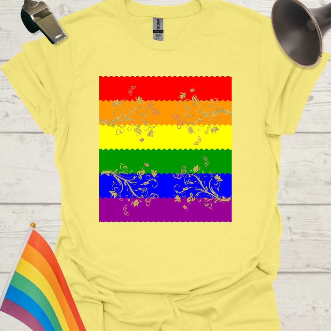 Unisex Pride T-Shirt - LGBT Pride Flag Ripples, Golden Flowers, Butterflies Ornaments Design