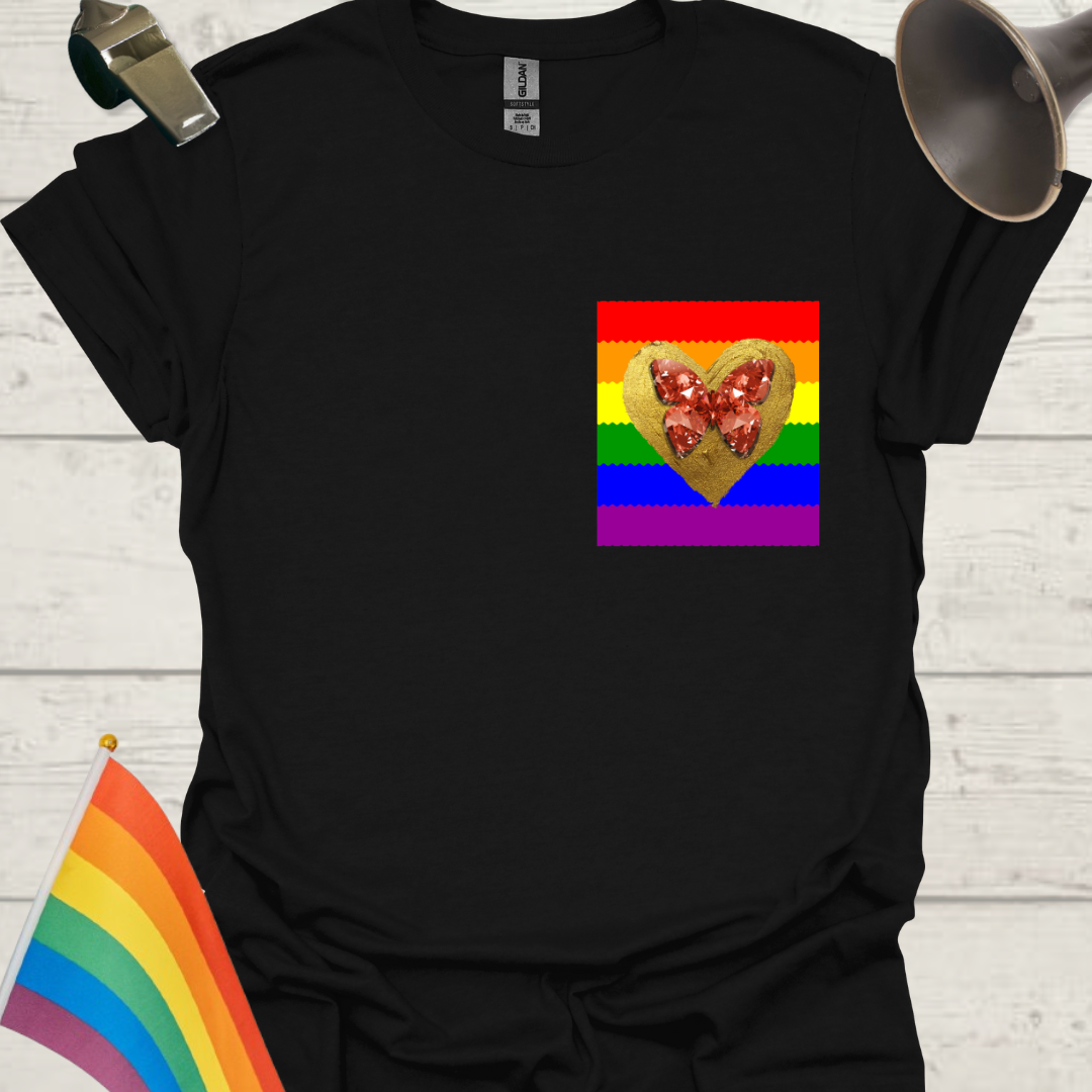 Unisex Pride T-Shirt - LGBT Pride Flag Ripples, Golden Heart, Glitter Red Gem Butterfly Design