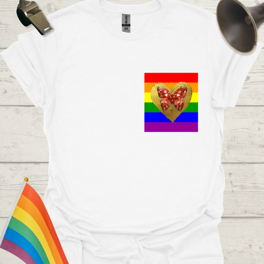 Unisex Pride T-Shirt - LGBT Pride Flag Ripples, Golden Heart, Glitter Red Gem Butterfly Design