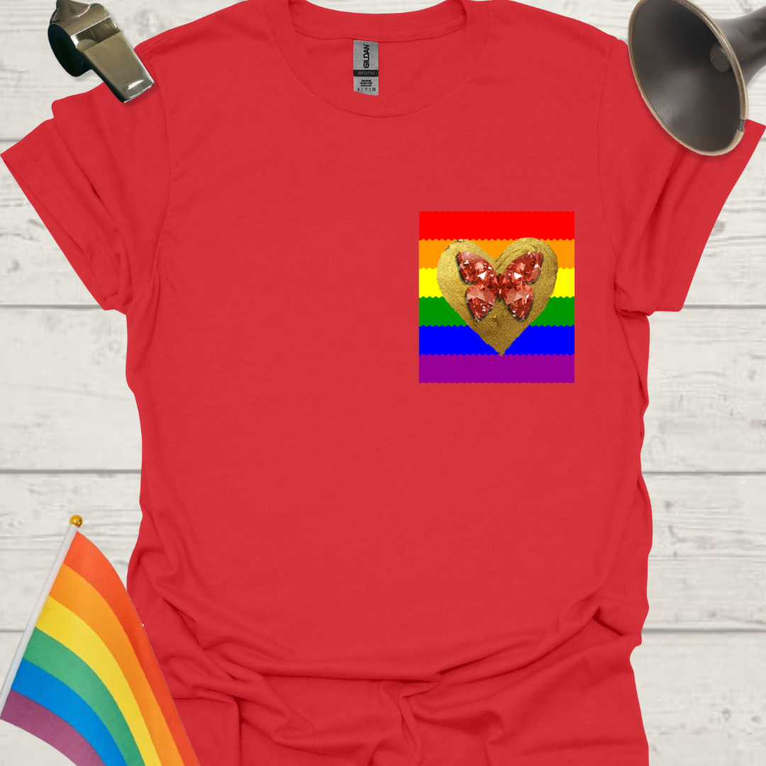 Unisex Pride T-Shirt - LGBT Pride Flag Ripples, Golden Heart, Glitter Red Gem Butterfly Design