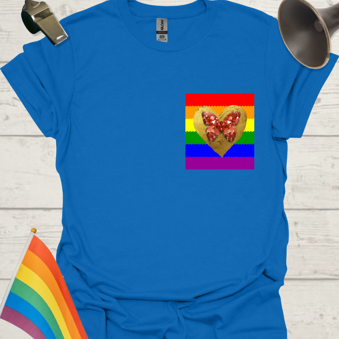 Unisex Pride T-Shirt - LGBT Pride Flag Ripples, Golden Heart, Glitter Red Gem Butterfly Design