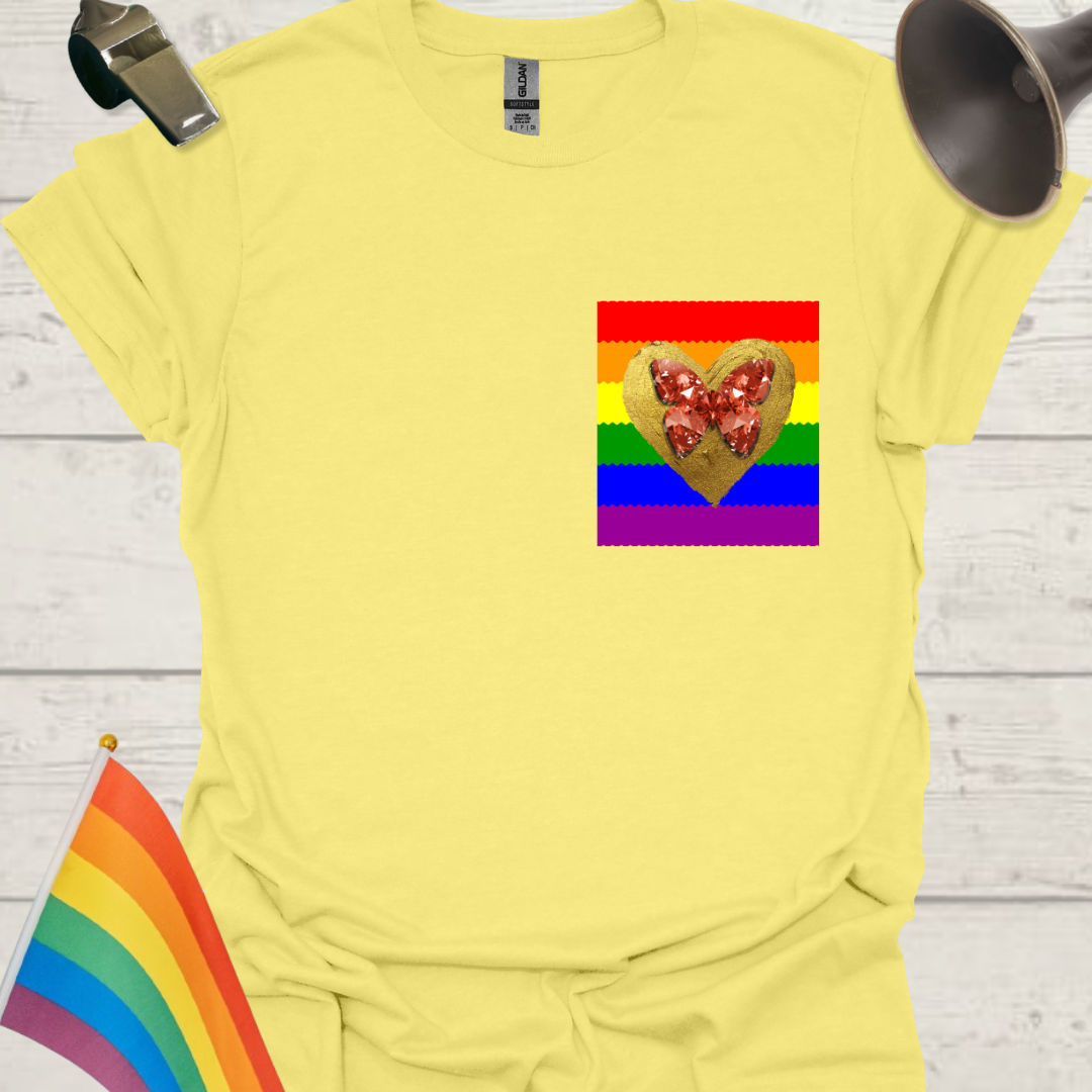 Unisex Pride T-Shirt - LGBT Pride Flag Ripples, Golden Heart, Glitter Red Gem Butterfly Design