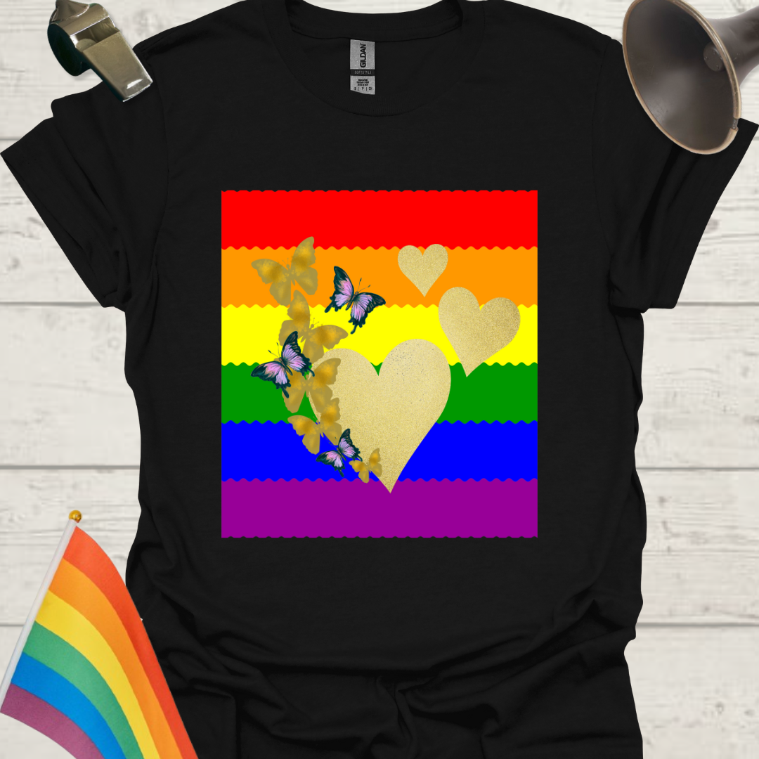 Unisex Pride T-Shirt - LGBT Pride Flag Ripples, Golden Hearts and Butterflies Design