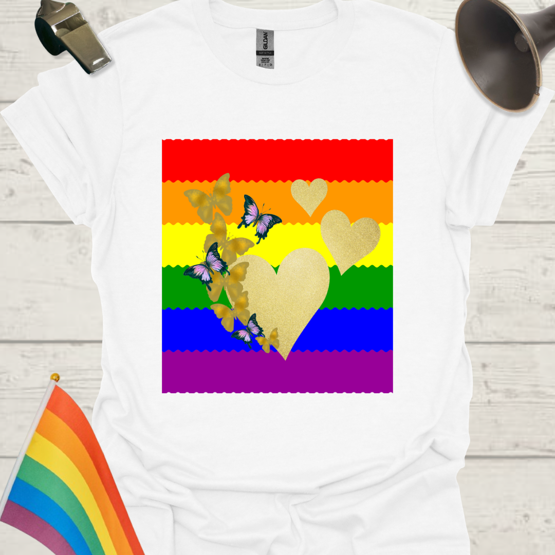 Unisex Pride T-Shirt - LGBT Pride Flag Ripples, Golden Hearts and Butterflies Design