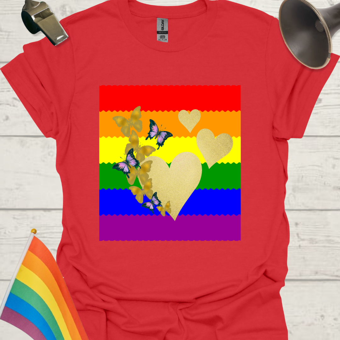 Unisex Pride T-Shirt - LGBT Pride Flag Ripples, Golden Hearts and Butterflies Design