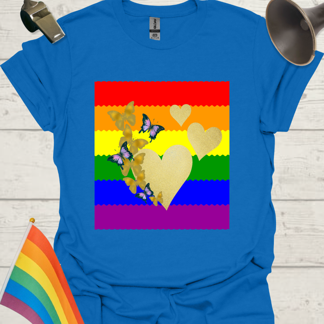 Unisex Pride T-Shirt - LGBT Pride Flag Ripples, Golden Hearts and Butterflies Design