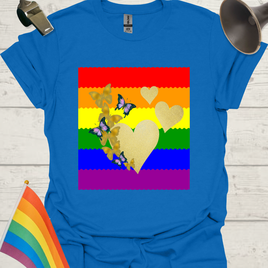 Unisex Pride T-Shirt - LGBT Pride Flag Ripples, Golden Hearts and Butterflies Design